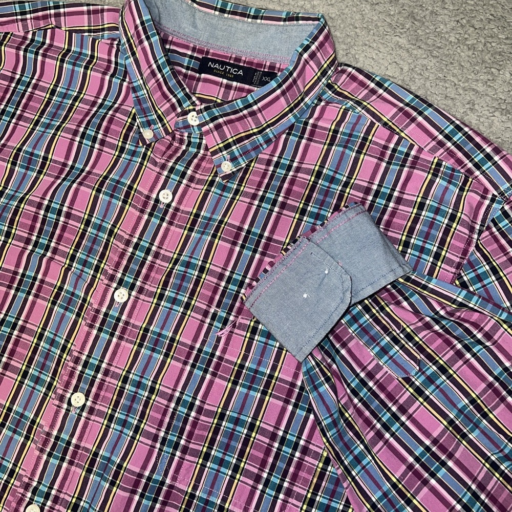Nautica Shirt‎ Men XXL 2XL Pink Blue Plaid Check Embroider Long Sleeve Button Up